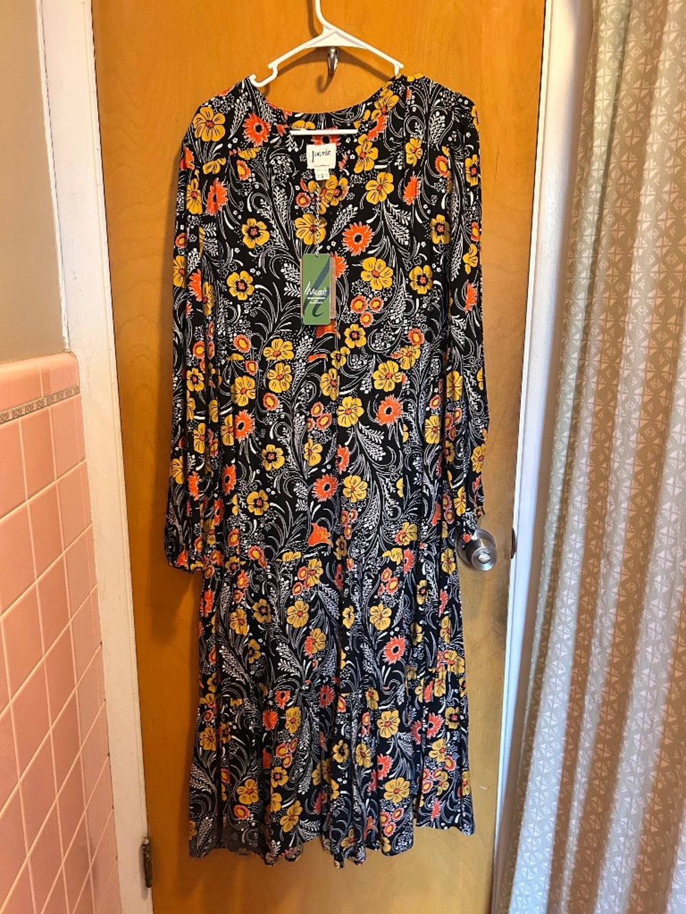 Joanie long sleeve black retro floral midi dress, size S, new with tags